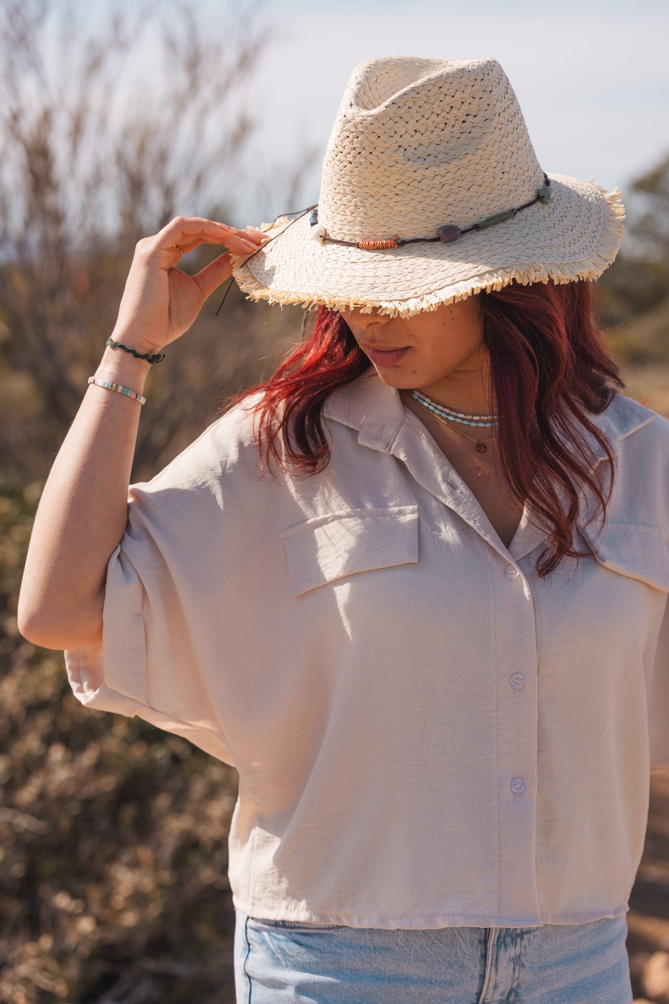 Chapeau De Paille Femme Blanc Motifs Pierre - Vitabohem