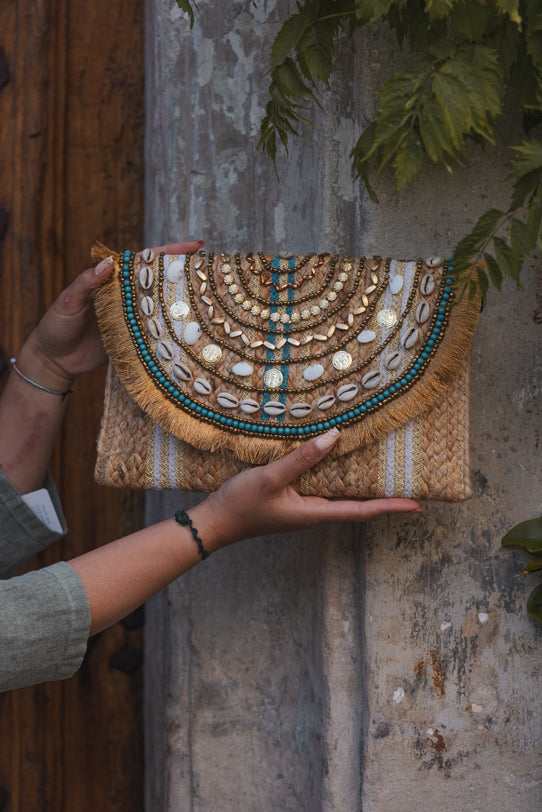 Sac à Main Femme Camel en Jute avec Perles et Pompons - Vitabohem