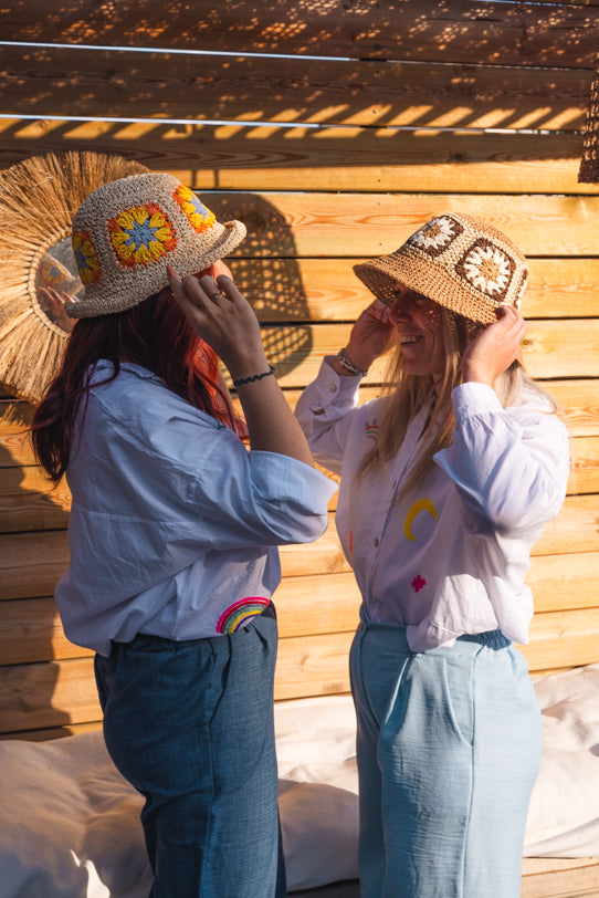 Chapeau De Paille Femme Beige en Crochet Motif Floral - Vitabohem