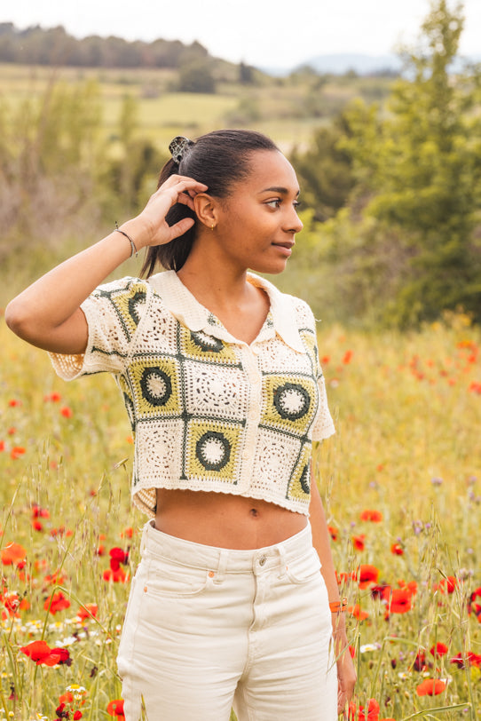 Crop Top Femme Vert en Crochet à Motifs - Vitabohem