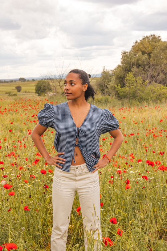 Top Femme Vichy Bleu Marine avec Noeud - Vitabohem