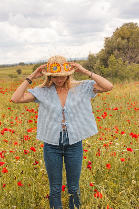 Top Femme Vichy Bleu Ciel avec Noeud - Vitabohem