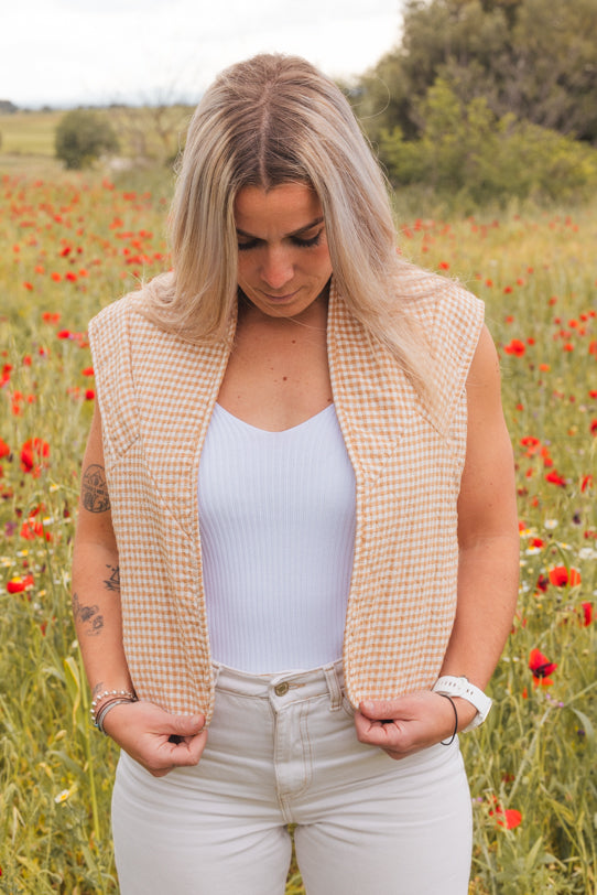 Gilet Sans Manche Femme Vichy Beige - Vitabohem