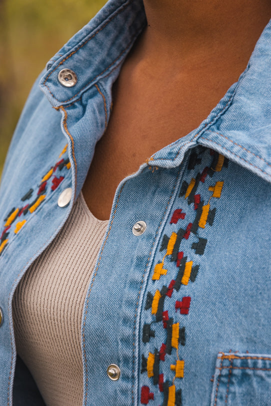 Veste Chemise Femme Bleue Jean Aztèque - Vitabohem