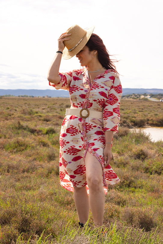 Robe Chemise Femme Rouge Motifs Maya - Vitabohem